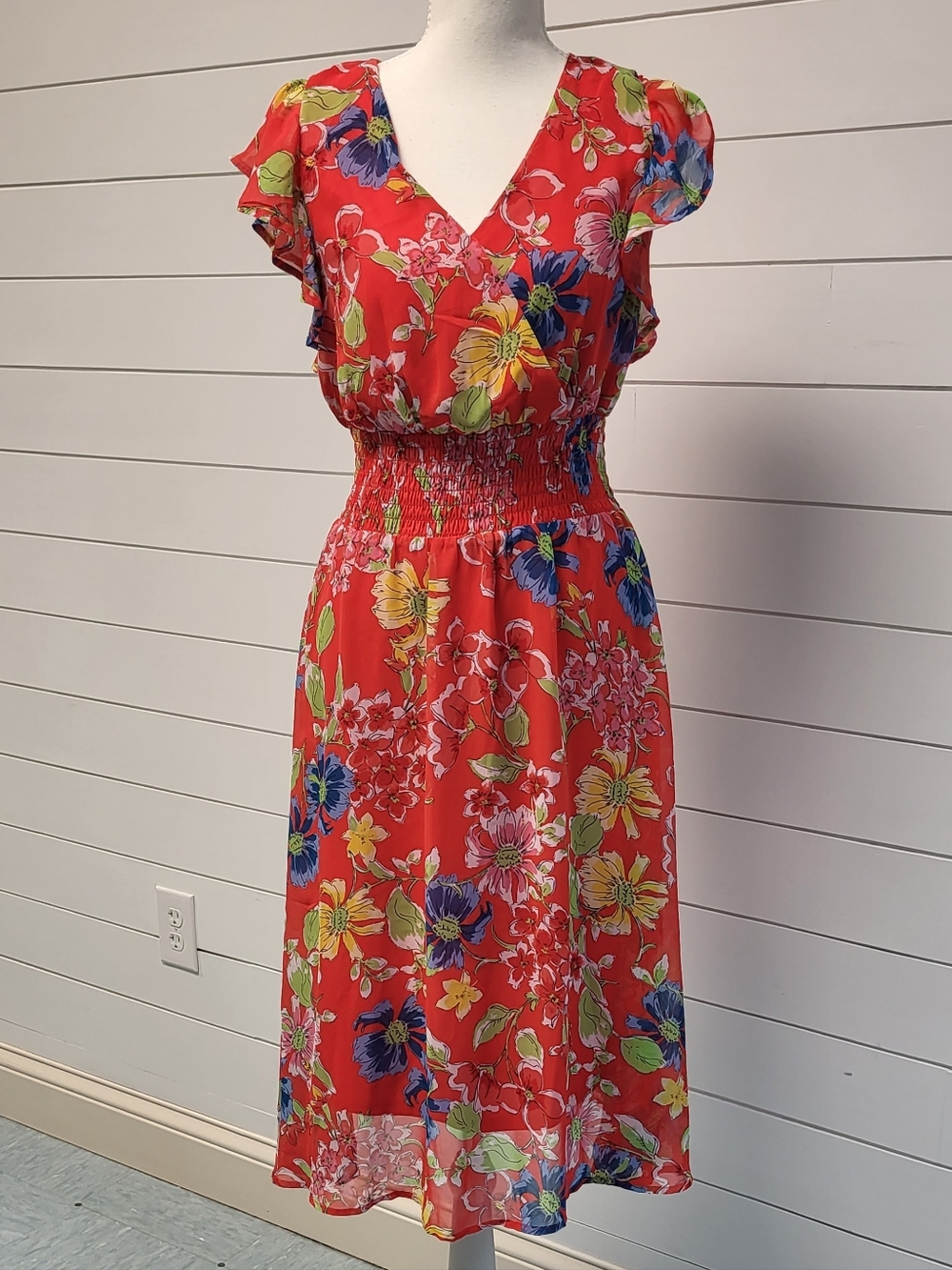 Jessica Simpson Red Floral Midi Dress with Yellow, Blue & Green Accents